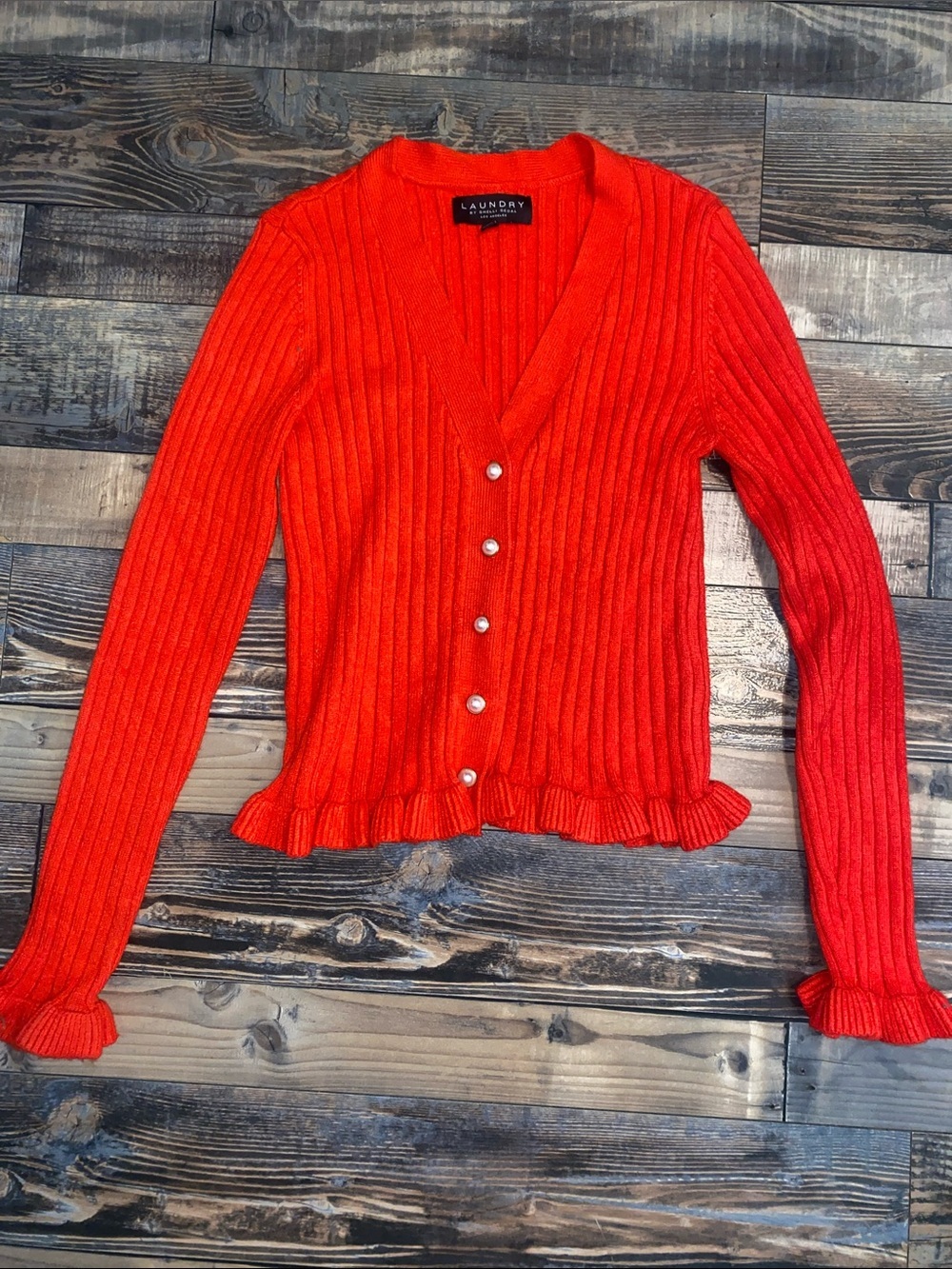 Laundry By Shelli Segal Bright Red Ribbed Ruffle-Trim Cardigan
